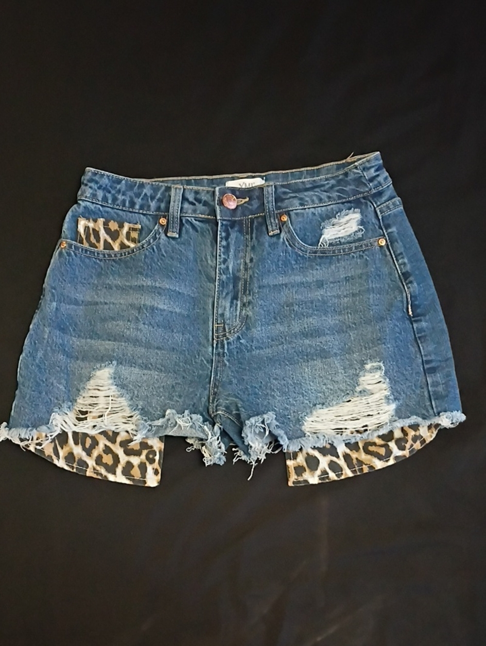 YMI Blue Distressed Denim Shorts with Leopard Accent